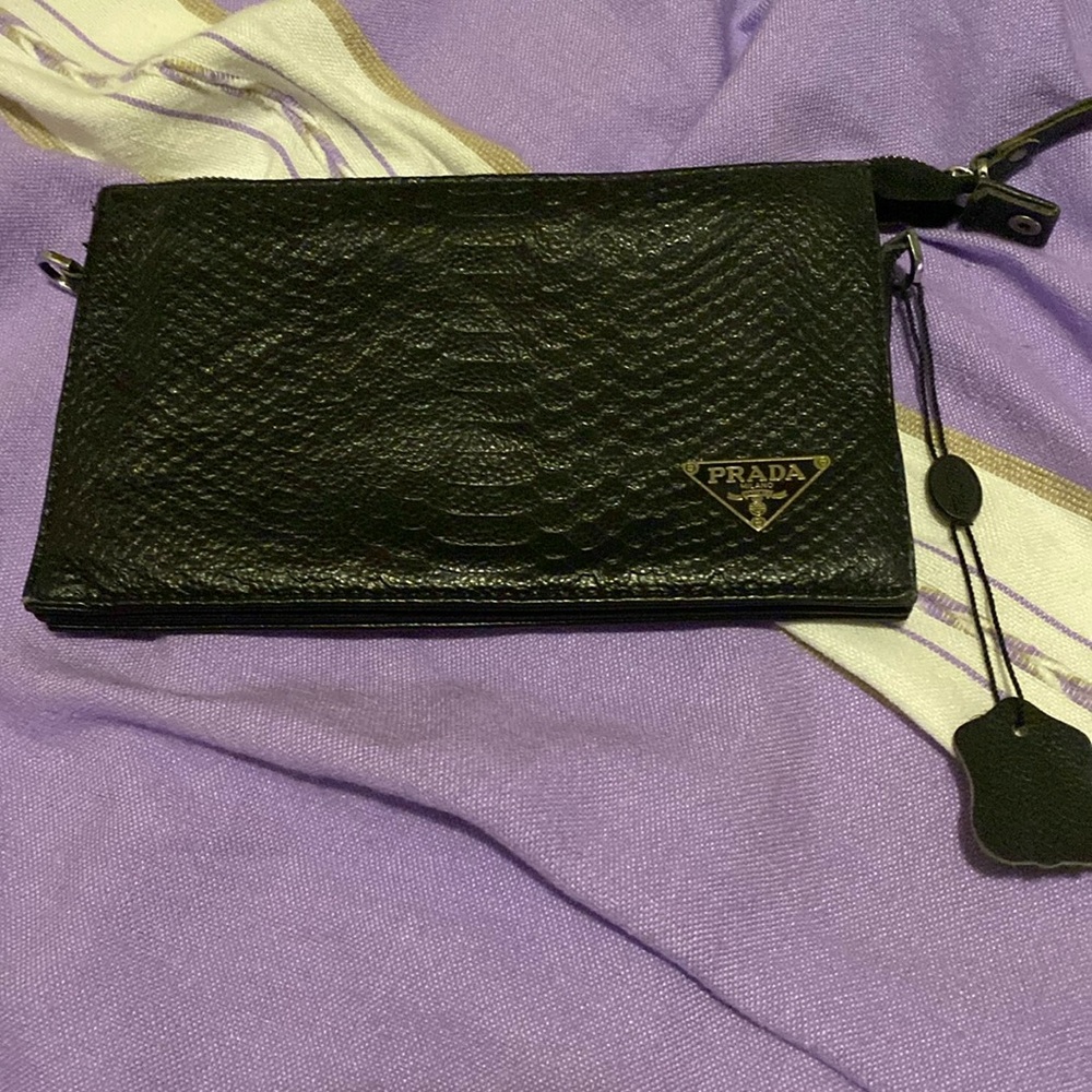Black Leather Vintage Zippered Prada Clutch w Multiple Inside Storage Pockets